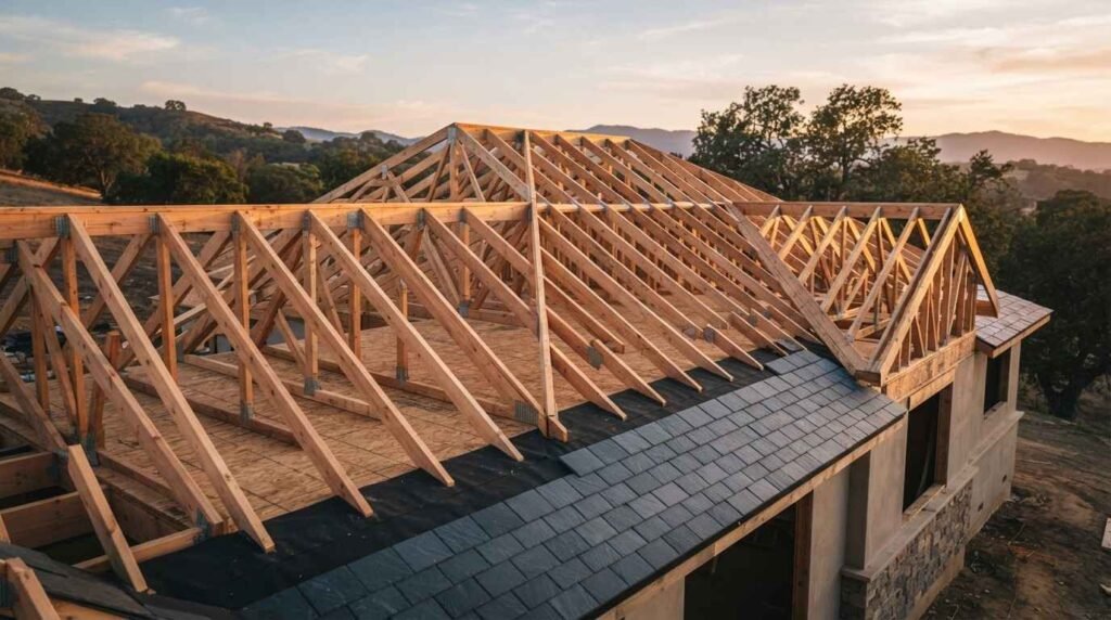 Exposed wooden roof truss framework under construction on a new home, with grey roof shingles partially installed along the lower edge during golden hour