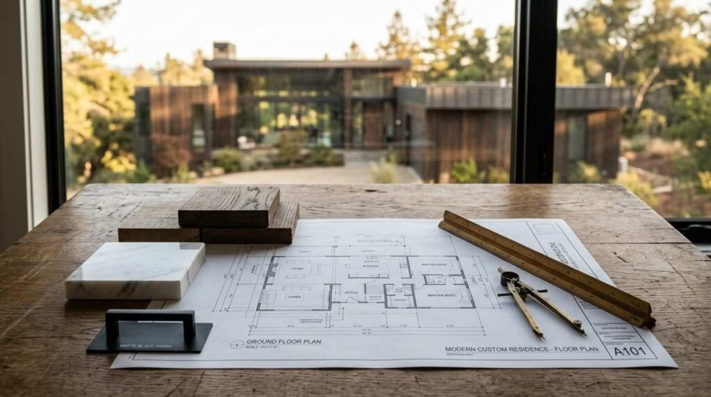 Architectural floor plan on a wooden desk with material swatches and drafting tools, overlooking a modern wooden home out the window