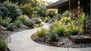 Curved concrete garden pathway bordered by drought-tolerant plants, succulents, lavender, river rocks, drip irrigation tubing, and a metallic rain chain draining into a basin