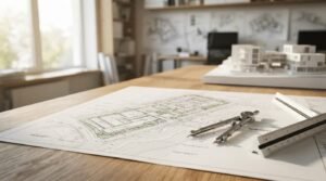 Architectural site plans and schematic drawings spread across a wooden drafting table, accompanied by a metal drafting compass and a triangular scale ruler, with an architect's office and scale models visible in the background.