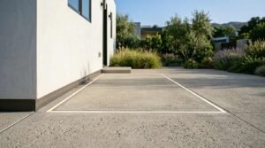 A modern concrete patio slab featuring a rectangular recessed ground LED strip light channel next to a white stucco house exterior with dark metal flashing, overlooking a landscaped garden