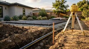 A yellow rotary laser level on a tripod next to an open utility trench with underground gas line piping, a copper grounding rod, and a poured concrete slab foundation in a residential backyard