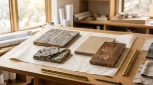 Architectural material mood board on an drafting desk with weathered barnwood, natural stone, beige concrete, copper slab, and fabric swatches set over a blueprint