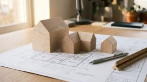 Three minimalist solid wood house massing models of varying sizes placed on residential floor plan blueprints next to a mechanical pencil and a scale ruler on a wooden desk
