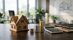 Small wooden model house next to three growing stacks of coins, a calculator, pen, and notebook on a wooden desk