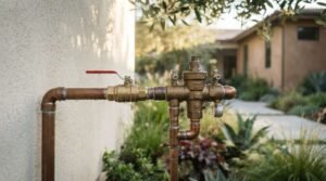A brass backflow preventer assembly and pressure reducing valve with a red lever shutoff handle connected to exterior copper water pipes outside a residential home