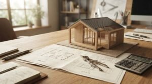 A modern wood scale model of an ADU guest house resting beside architectural site plan blueprints, a drafting compass, calculator, and pens on an architect's wooden desk