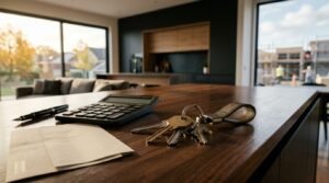 A leather keychain with house keys, a calculator, a fountain pen, and a closed envelope resting on a wooden kitchen island in a modern home overlooking an active residential build through the window