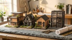 Four architectural scale model buildings—a modern flat-roof home, a Tudor cottage, a wood cabin, and a glass-and-steel building—displayed on a slate slab with brass keys and blueprints