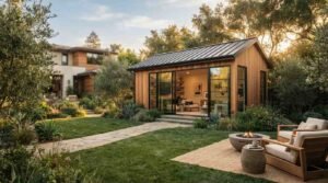 Modern backyard accessory dwelling unit (ADU) featuring vertical wood siding, a dark metal roof, and large glass sliding doors, connected by a stone pathway across a green lawn with outdoor patio seating and a fire pit.