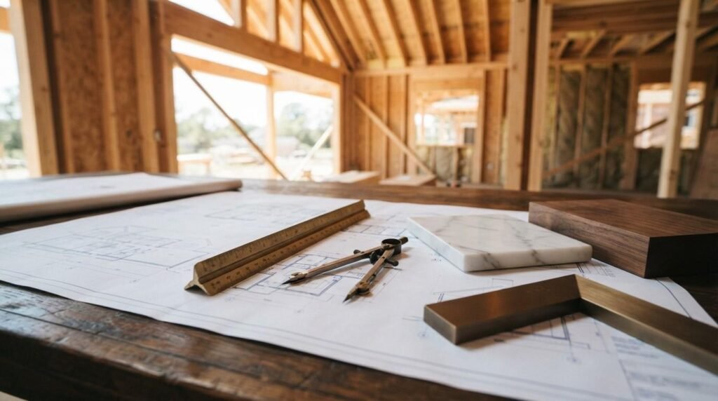 Architectural house plans laid out on a dark wooden table with drafting tools, marble slab, wood block, and metal frame sample inside a timber-framed house under construction