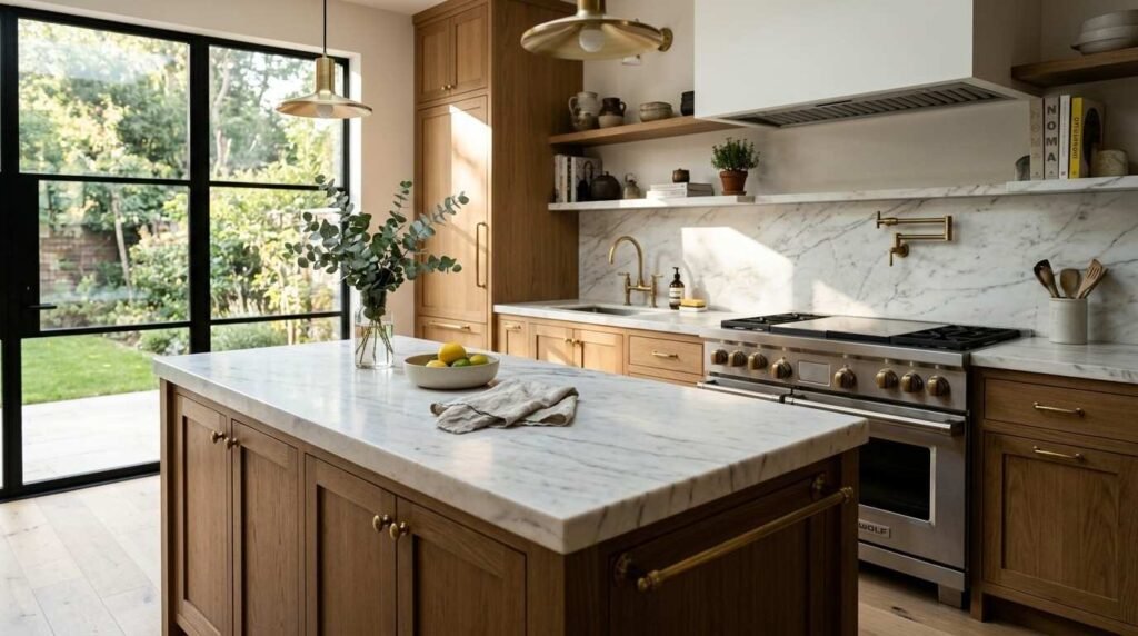 Modern kitchen featuring white marble island and countertops, natural oak cabinetry, brass brass hardware, and a stainless steel range stove