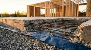 Cross-section of a reinforced concrete slab foundation showing rebar grid mesh, vapor barrier sheet, gravel base, and wood framing in the background