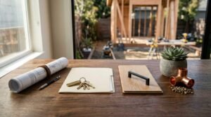 A project planning desk with rolled blueprints, contractor folder with house keys, hardwood sample with cabinet handle, and copper pipe fitting, overlooking a framed ADU construction site in the backyard