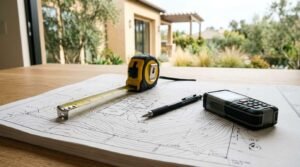 A mechanical pencil, extended tape measure, and digital laser distance measurer resting on an architectural site survey map with topographic contour lines, overlooking a landscaped patio through a window