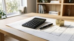 Black desktop calculator, fountain pen, and brass cube paperweight resting on unrolled architectural floor plans on a wooden desk