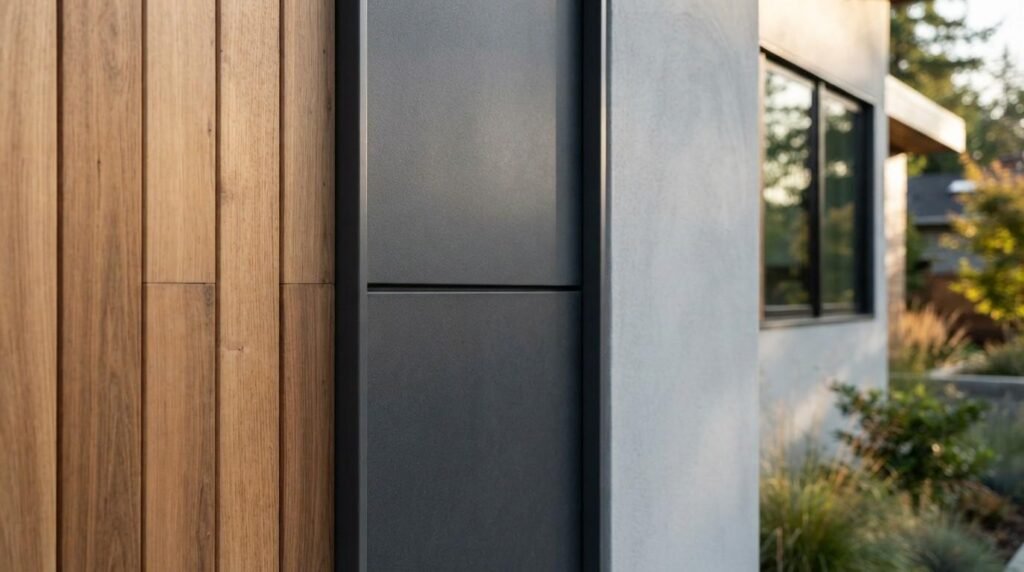 Close-up of modern home exterior cladding featuring natural vertical wood slats, dark charcoal metal panels, and smooth light grey stucco