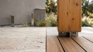 Close-up of a natural timber support post with a steel bracket anchor set where travertine stone pavers meet wood deck planks