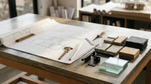 Concrete-top design studio table featuring architectural floor plans held down by weights, a brass caliper, a scale ruler, wood, stone, and marble material samples, black hardware pulls, and a glass tile.