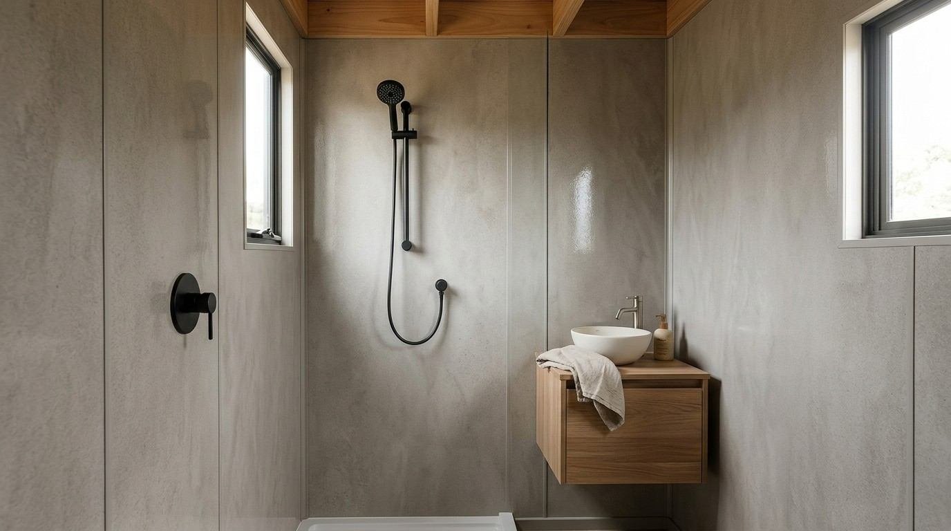 Composite wall panels in a modern tiny house bathroom with a minimalist walk-in shower, black shower fixtures, and a floating wooden vanity.