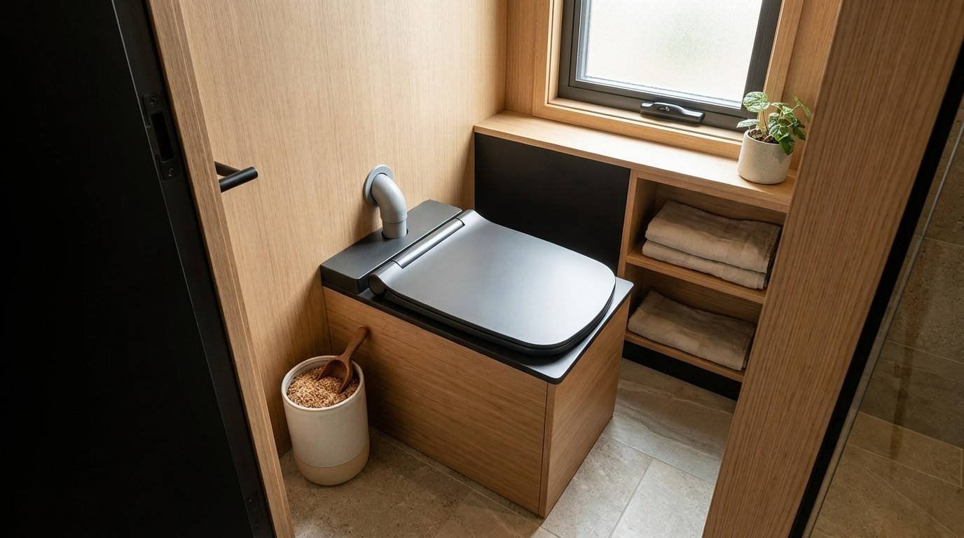 Compact composting toilet in a tiny house bathroom with a wooden enclosure, ventilation pipe, and built-in towel storage.