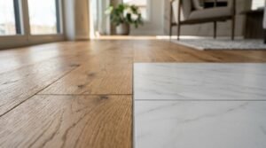 Low-angle close-up of light oak hardwood flooring meeting white veined marble floor tiles at a flush seam
