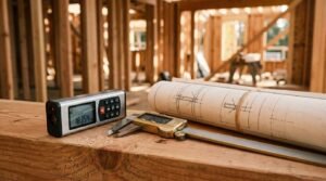 A digital laser measure, brass electronic digital caliper, and rolled blueprints resting on an exposed timber beam inside a house frame under construction
