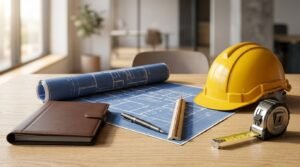 Yellow hard hat sitting next to blue architectural prints, a tape measure, scale ruler, fountain pen, and leather notebook on a wooden desk
