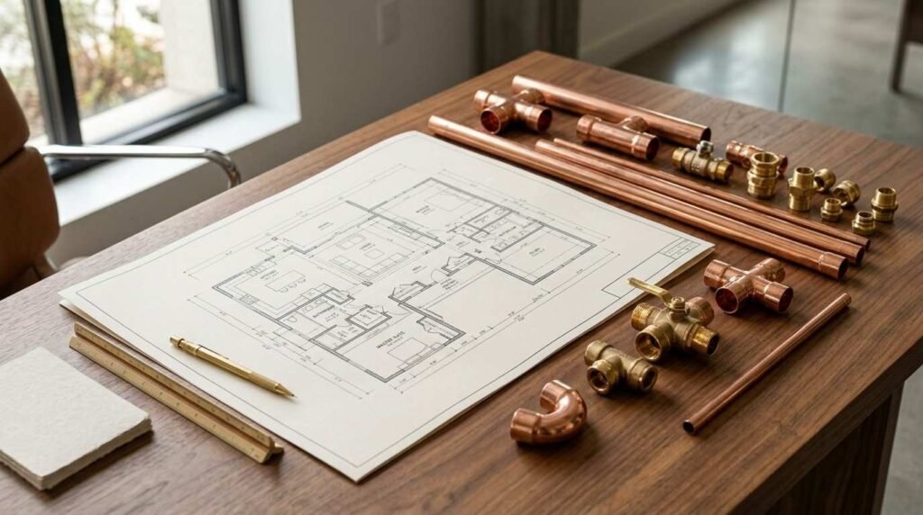 Architectural floor plan blueprint on a wooden desk surrounded by copper pipes, brass plumbing fittings, valves, and a scale ruler