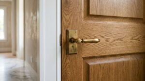 Antique brass door lever handle with keyhole backplate mounted on a natural oak wood panel door