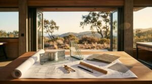 Wooden design studio table featuring a rolled architectural floor plan, a heavy galvanized steel bracket, triple-pane glass sample, wood and stone swatches, a drafting compass, pencil, and scale ruler framing an outdoor landscape view through open doors.