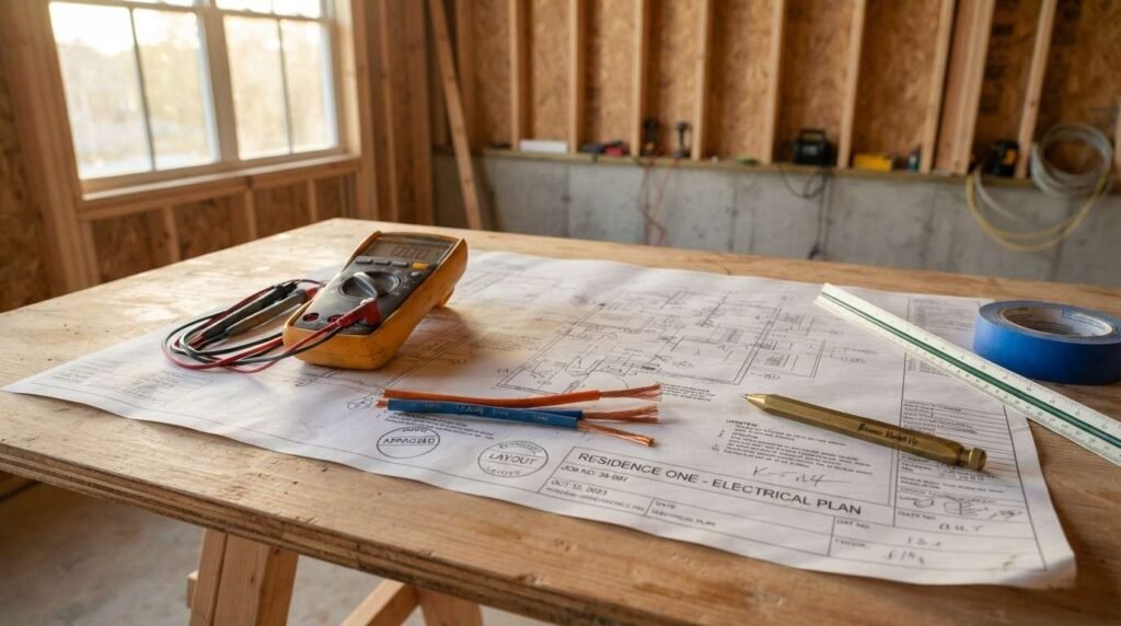 Electrical blueprint titled "Residence One - Electrical Plan" set on a plywood workbench with a digital multimeter, stripped copper wire leads, scale ruler, and painter's tape