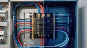 Split-screen comparison of an electrical breaker panel in standard visual light versus an infrared thermal imaging view for thermographic inspection