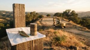 Brass plumb bob, soil core sample, and topographical map resting on a wooden post at a hillside construction site with a yellow excavator in the background