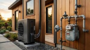 A split-view comparison showing a modern electric mini-split heat pump condenser on a concrete pad (left) and an exterior natural gas meter with galvanized steel piping (right) against cedar wood siding