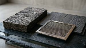 A collection of fire-resistant building materials including a mineral wool insulation batt, a charred shou sugi ban wood siding plank, and a stainless steel ember-resistant vent mesh on a black slate surface