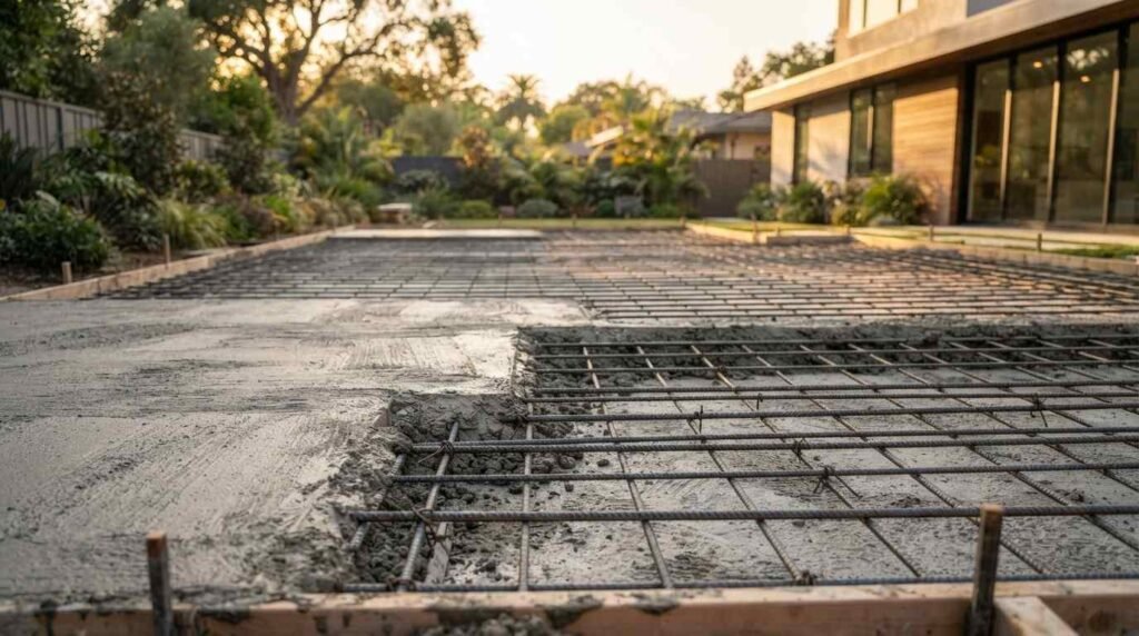 A reinforced concrete slab foundation during a pour, showing tied steel rebar grid and freshly finished concrete in a residential backyard construction site