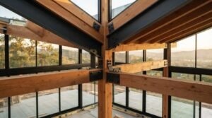 Close-up view of a hybrid steel and wood architectural framing structure, featuring heavy timber beams joined with black structural steel brackets, gusset plates, and bolts.