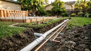 An excavated backyard utility trench containing white PVC sewer drain pipes and copper water supply lines running alongside a freshly poured concrete foundation slab