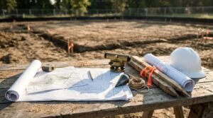 Outdoor wooden jobsite table displaying architectural blueprints, a surveying level, a plumb bob, survey stakes, a hard hat, and a measuring tape overlooking a residential foundation excavation site.
