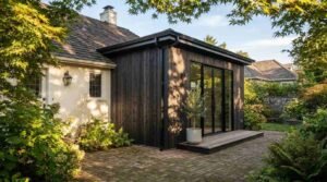 A modern attached home extension clad in vertical black wood siding with large glass French doors and a low wooden deck opening onto a brick patio