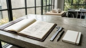 A leather-bound architectural portfolio open to ADU floor plans and structural sketches on a concrete desk alongside a vernier caliper, mechanical pencil, and grid notepad