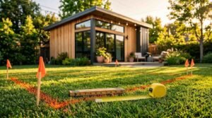 A yellow tape measure, folding ruler, orange marking paint, and survey flags outlining a building footprint on a green lawn in front of a modern timber backyard studio