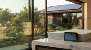 Stacks of sustainable acoustic insulation panels and a smart home control screen resting on a marble countertop inside a modern home with a view of solar panels installed on an exterior roof through sliding glass doors.