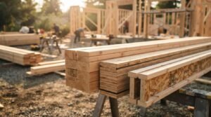 A comparison of engineered and dimensional lumber framing materials—including stacked wood studs, a laminated veneer lumber (LVL) beam, and wooden I-joists—resting on sawhorses at a residential job site