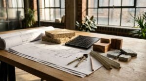 Wooden architectural studio desk featuring rolled floor plans, insulation blocks, a miniature solar panel model, wooden timber blocks, stone samples, a drafting compass, and scale rulers with industrial windows in the background.