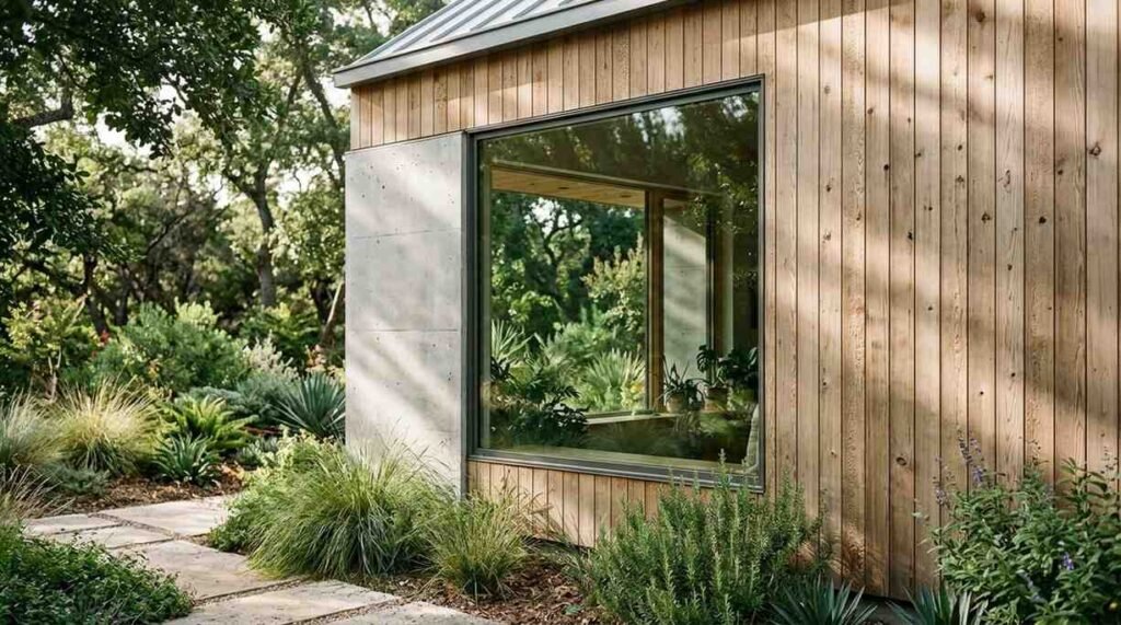 Exterior view of a modern house featuring vertical natural wood siding, concrete accent wall, and a large picture window surrounded by lush green landscaping
