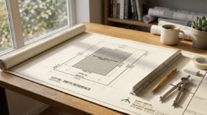 An architectural site plot plan blueprint detailing the buildable envelope area for a residential property, set on a wooden desk with a triangular scale ruler, brass compass, drafting pencil, and coffee mug