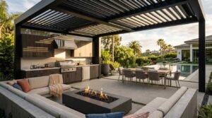 Modern outdoor patio covered by a black louvered pergola, featuring an outdoor kitchen, fire pit lounge area, dining table, and swimming pool