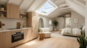 A bright attic studio ADU conversion featuring vaulted white beamed ceilings with an open skylight, fluted wood kitchenette cabinets, a cozy reading chair, and a bedroom area
